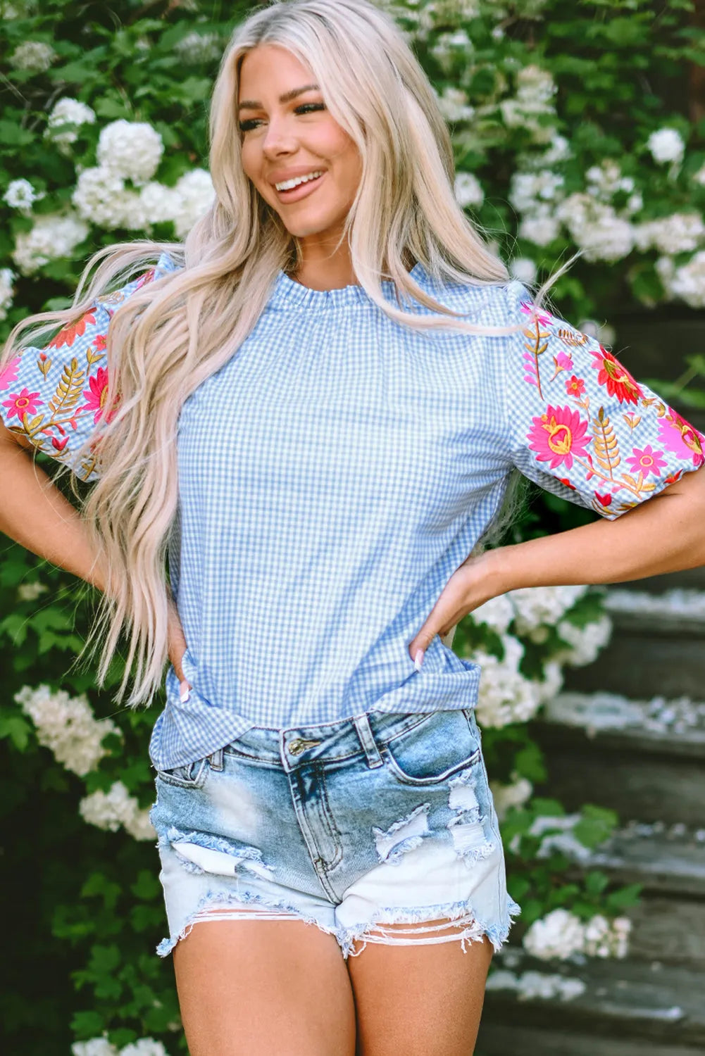 Light Blue Gingham Floral Embroidered Puff Sleeve Blouse - Chic Meadow Boutique 