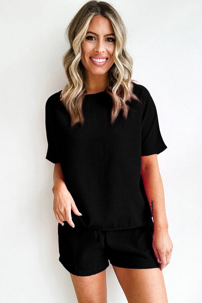 Black Casual Textured Tee and Drawstring Shorts Set - Chic Meadow Boutique 