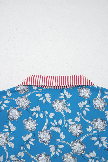 Blue Retro Floral Print Striped Trim Button Neck Short Sleeve Blouse