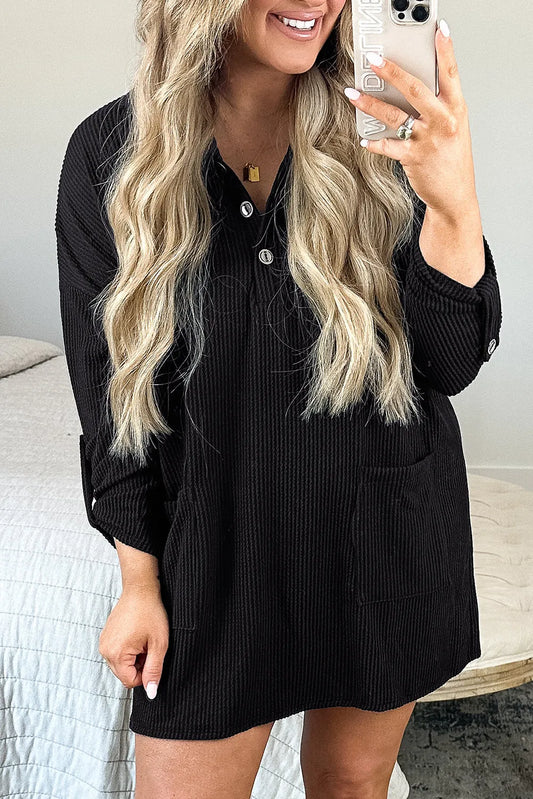 Black Ribbed Knit Buttoned Collared Roll Tab Sleeve Plus Size Mini Dress - Chic Meadow Boutique 