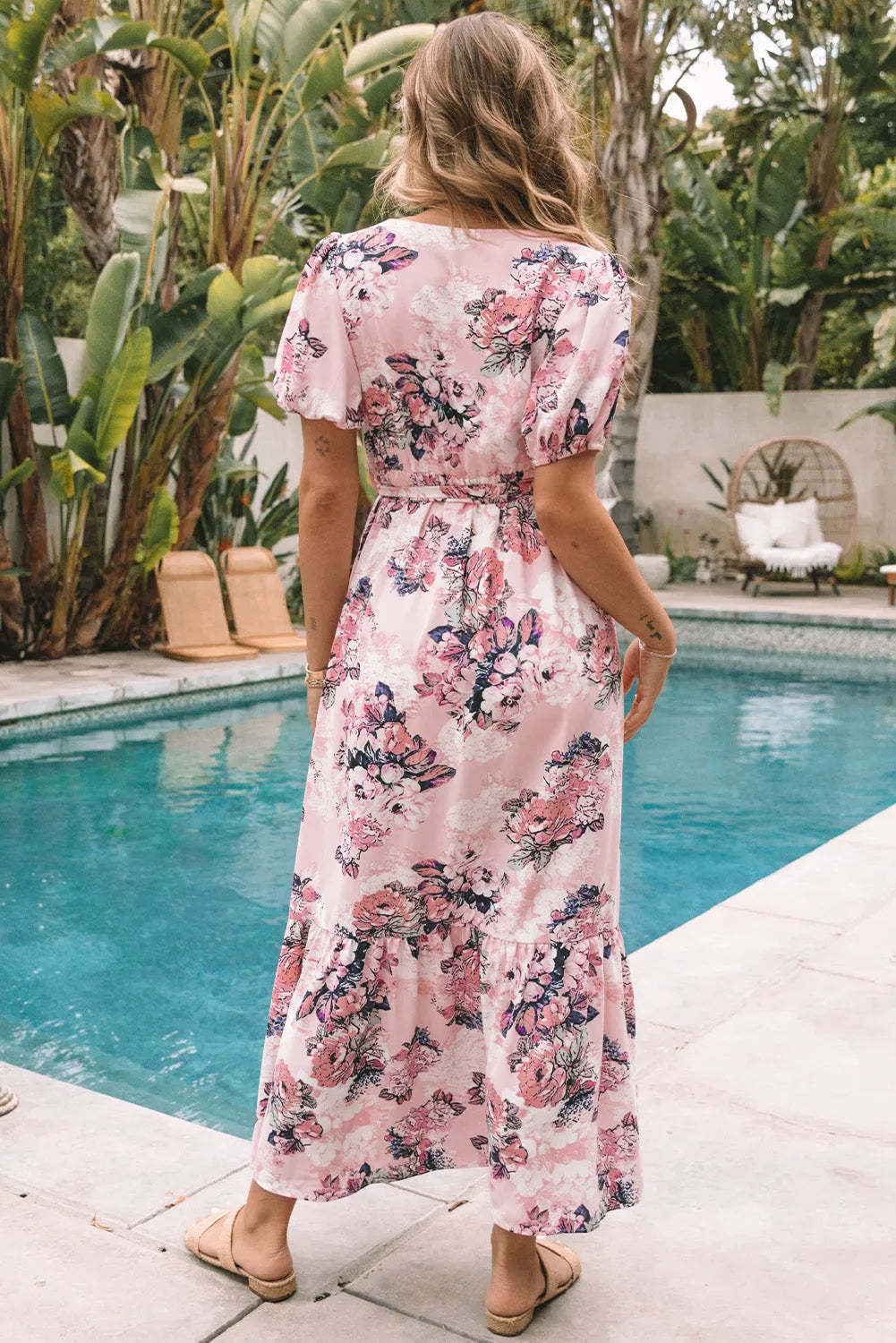 Pink Floral Puff Sleeve High Waist Maxi Dress - Chic Meadow Boutique 