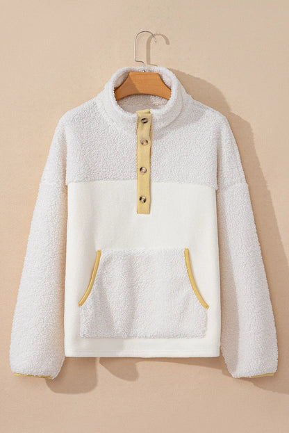 Beige Fleece Colorblock Trim Buttons Collar Sweatshirt with Pocket - Chic Meadow Boutique 