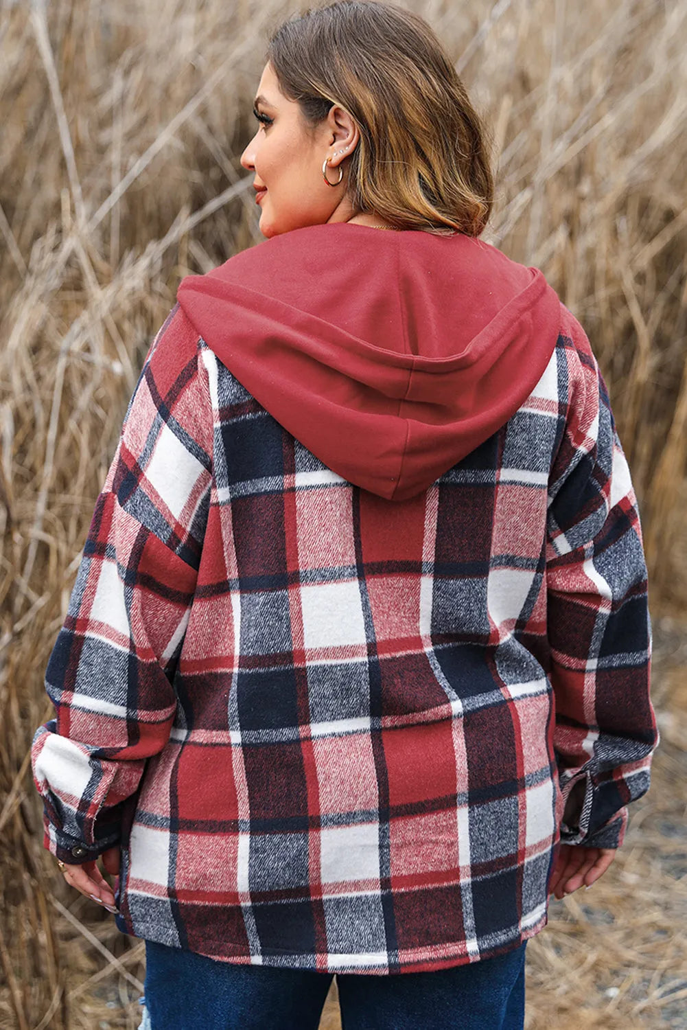 Red Printed Plus Size Plaid Button up Hooded Jacket - Chic Meadow Boutique 