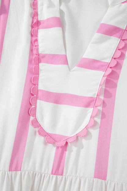 Pink Stripe Ricrac Trim Notched Neck Half Sleeve Vacation Dress