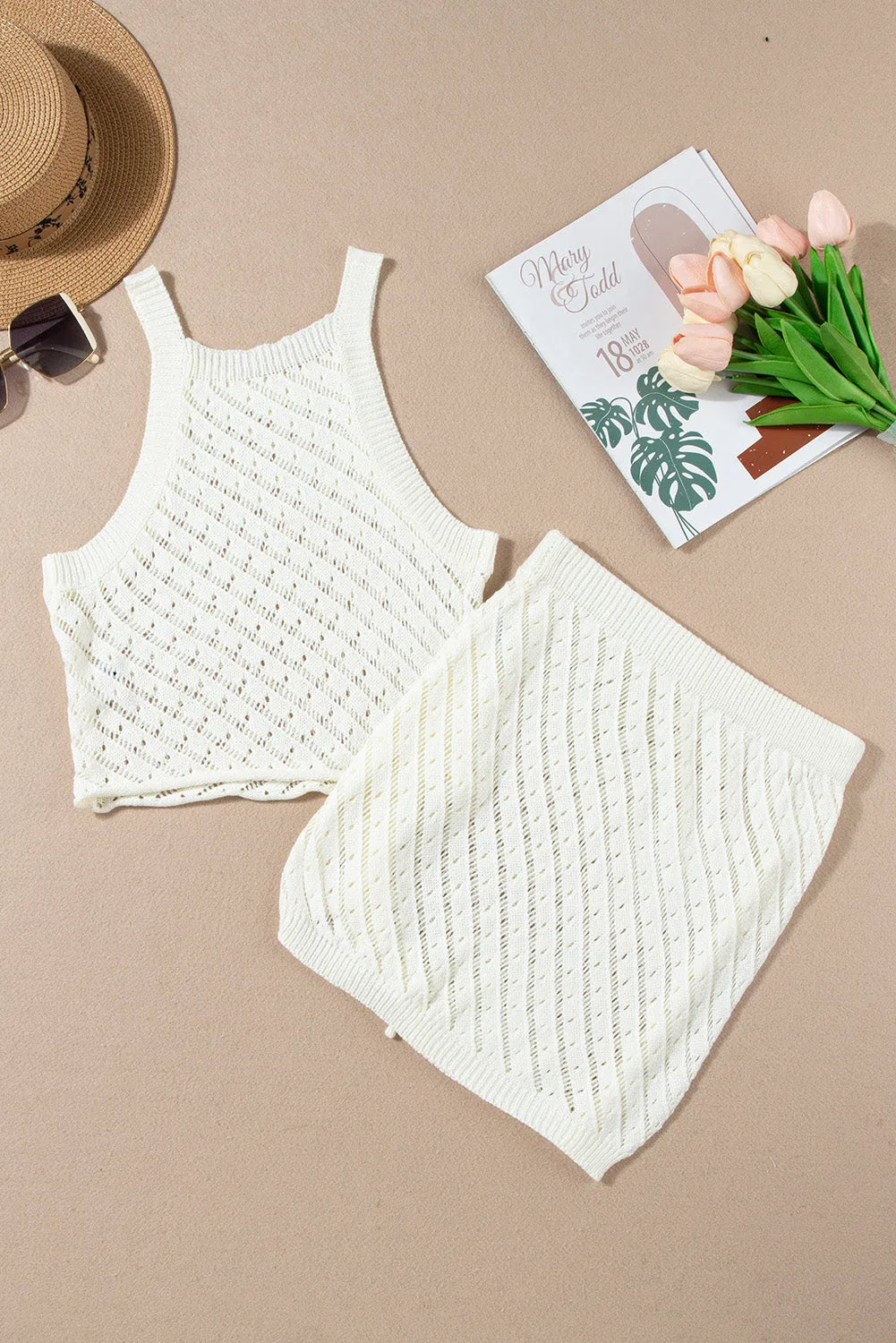 White Hollowed Crochet Cropped 2 Piece Beach Dress - Chic Meadow Boutique 