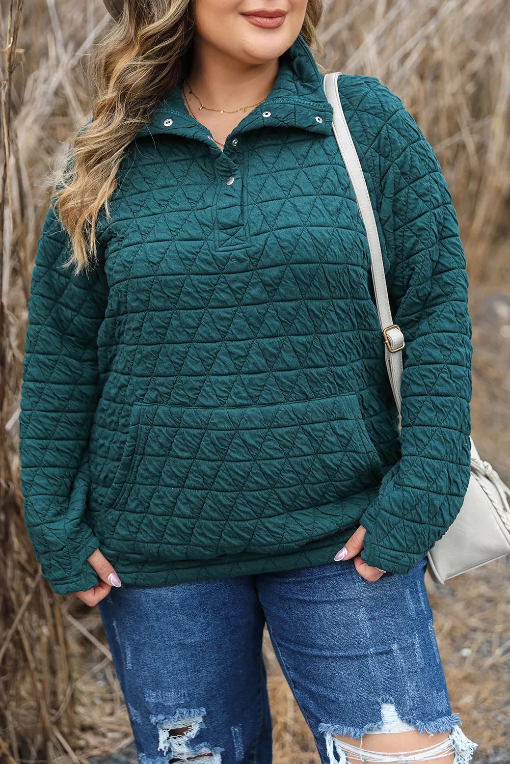 Blackish Green Plus Size Quarter Buttoned Pocketed Quilted Sweatshirt - Chic Meadow Boutique 