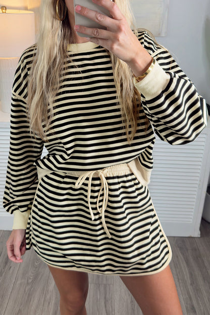 Black Stripe Textured Drop Shoulder Pullover Top Drawstring Mini Skirt Two Piece Dress Set