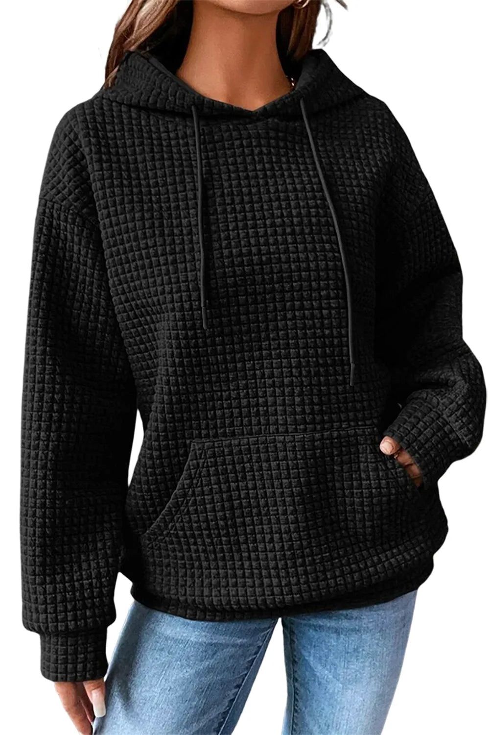 Black Quilted Kangaroo Pocket Drawstring Hoodie - Chic Meadow Boutique 