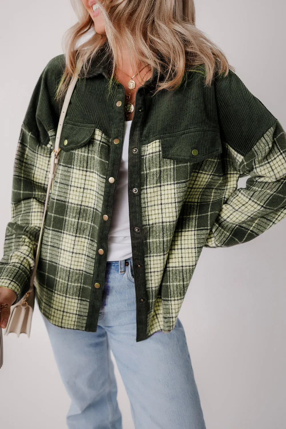 Blackish Green Snap Buttons Colorblock Plaid Shacket - Chic Meadow Boutique 