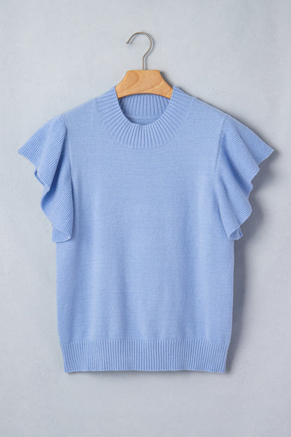 Beau Blue Solid Color Ribbed Trim Round Neck Ruffle Short Sleeve Sweater