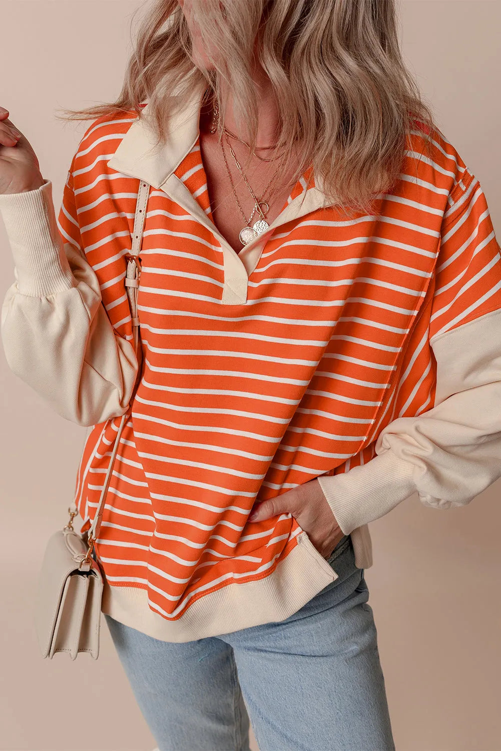 Orange Stripe Color Block Loose Fit Collared Drop Shoulder Sweatshirt - Chic Meadow Boutique 