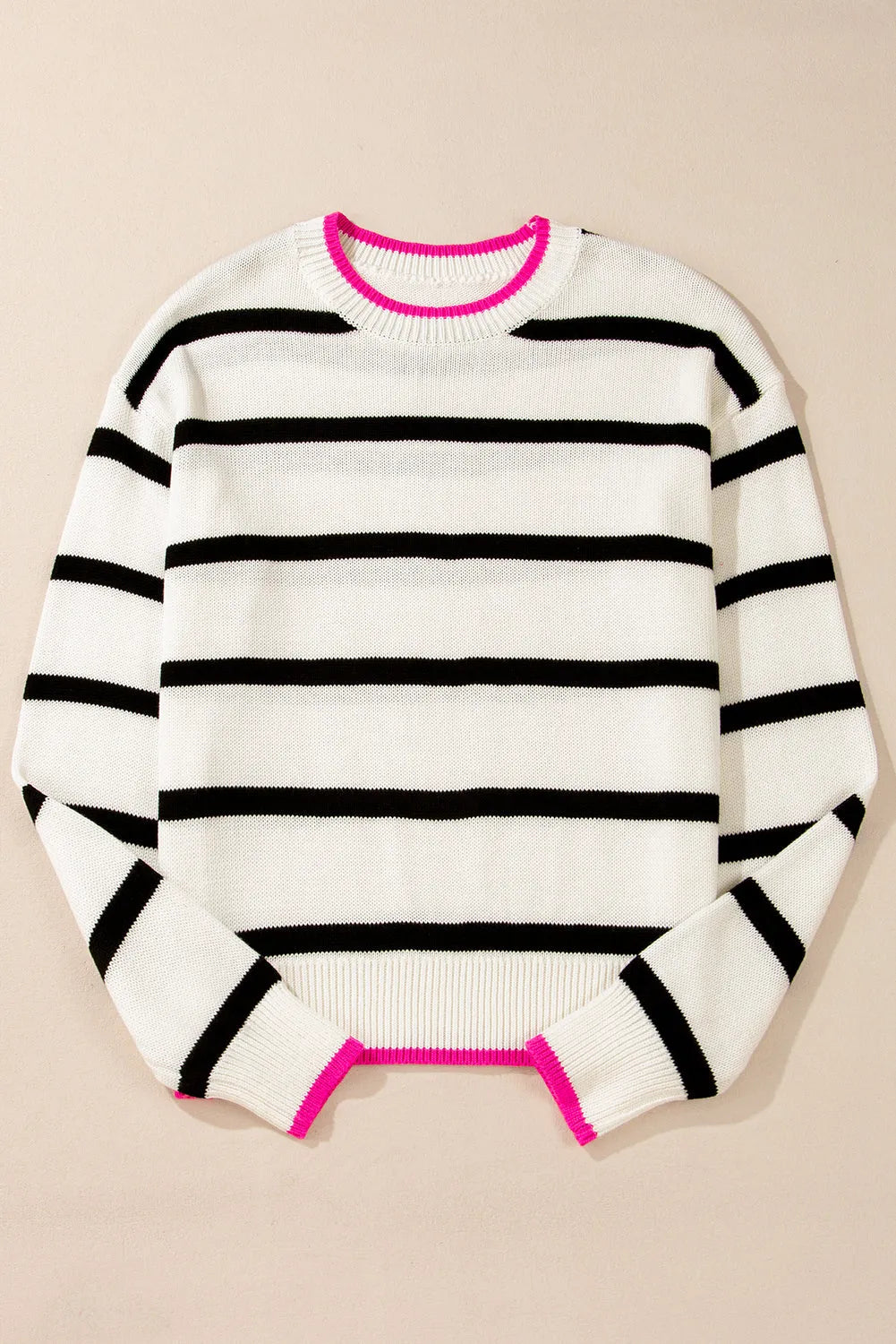 White Stripe Color Contrast Drop Shoulder Crew Neck Sweater - Chic Meadow Boutique 