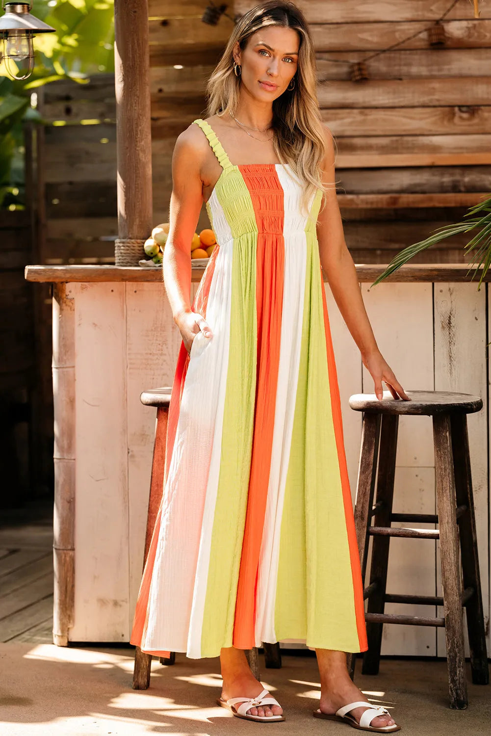 Green Color Block Shirred High Waist Fit and Flare Maxi Dress - Chic Meadow Boutique 