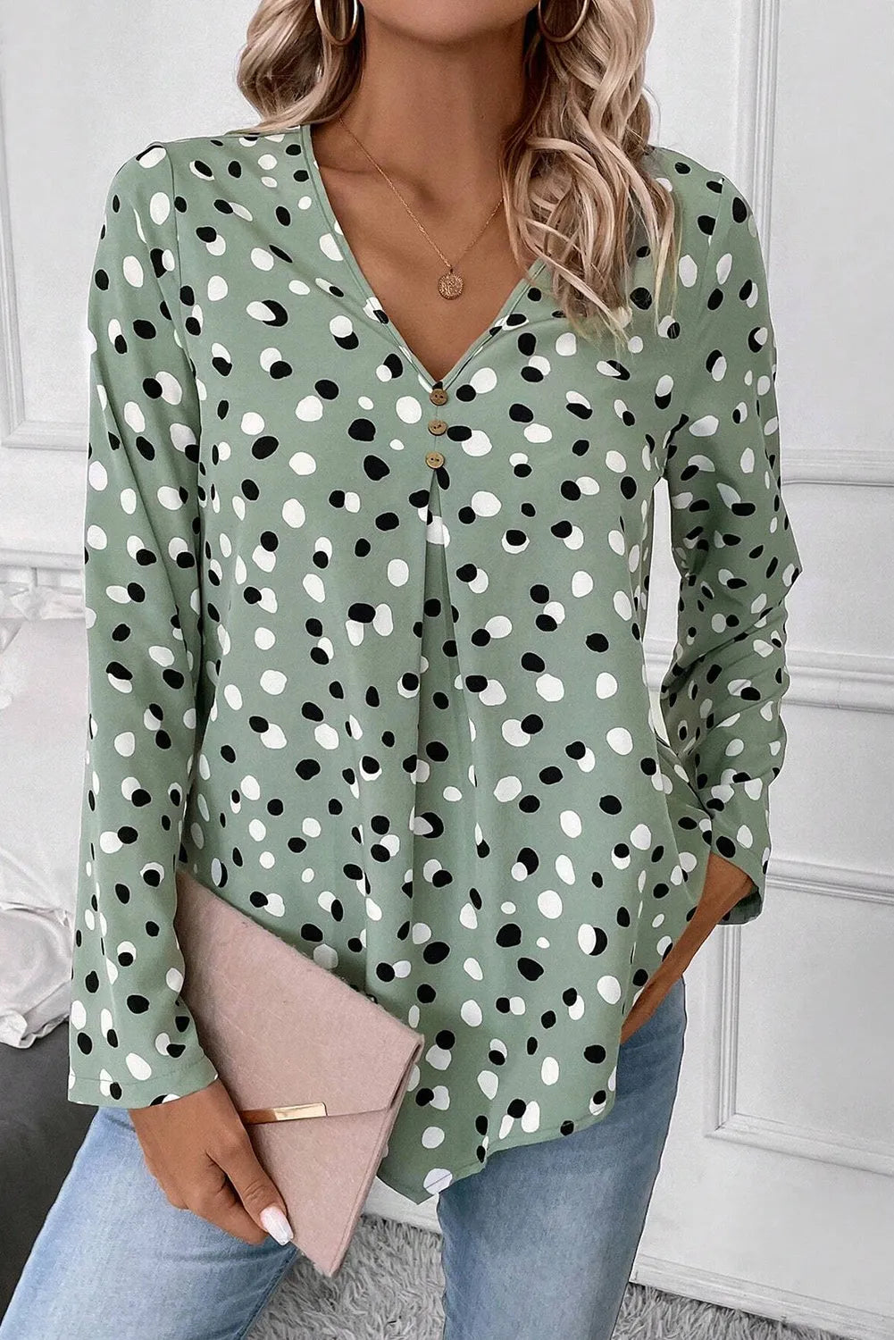 Green Polka Dot Print Button Front V Neck Blouse - Chic Meadow Boutique 