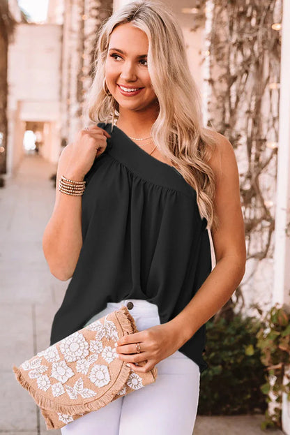 Black Asymmetric Tie On Shoulder Sleeveless Top - Chic Meadow Boutique 