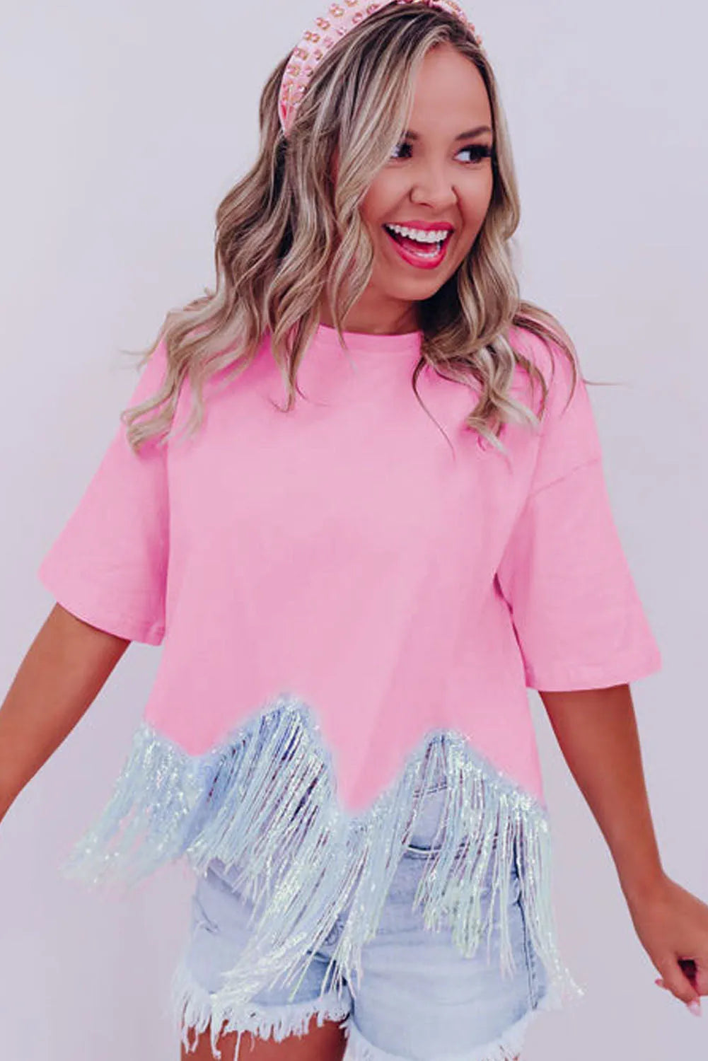 Pink Fringed Sequin Crop T-shirt - Chic Meadow Boutique 