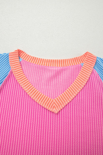 Rose Red Color Block Twisted Ribbed Tee