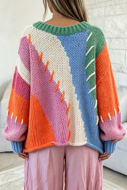 Bonbon Color Block Patchwork Knit Stitched Detail Oversize Sweater
