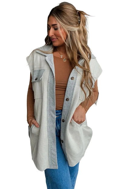 Light Grey Flap Pockets Contrast Buttons Front Jacket Vest - Chic Meadow Boutique 