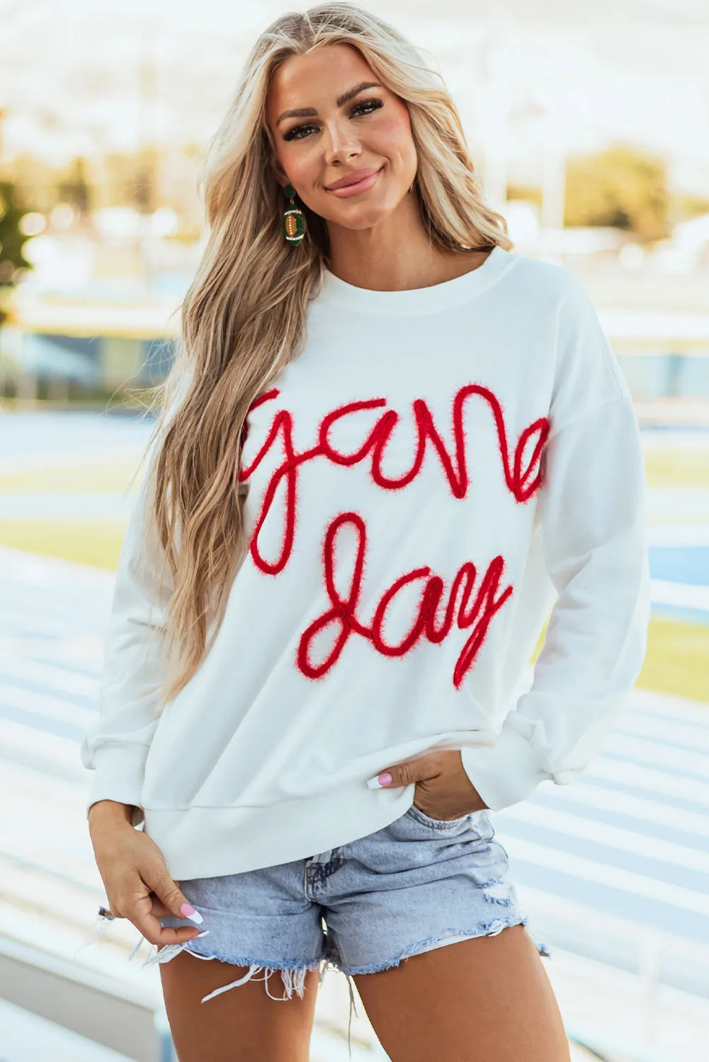 White Tinsel Game Day Drop Shoulder Graphic Sweatshirt - Chic Meadow Boutique 