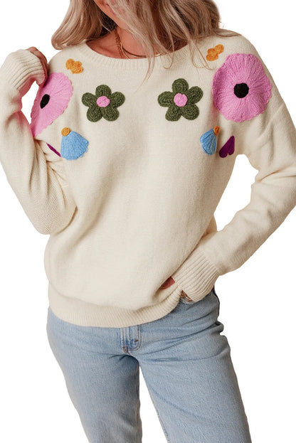 Beige Knitted Flower Pattern Ribbed Edge Sweater - Chic Meadow Boutique 