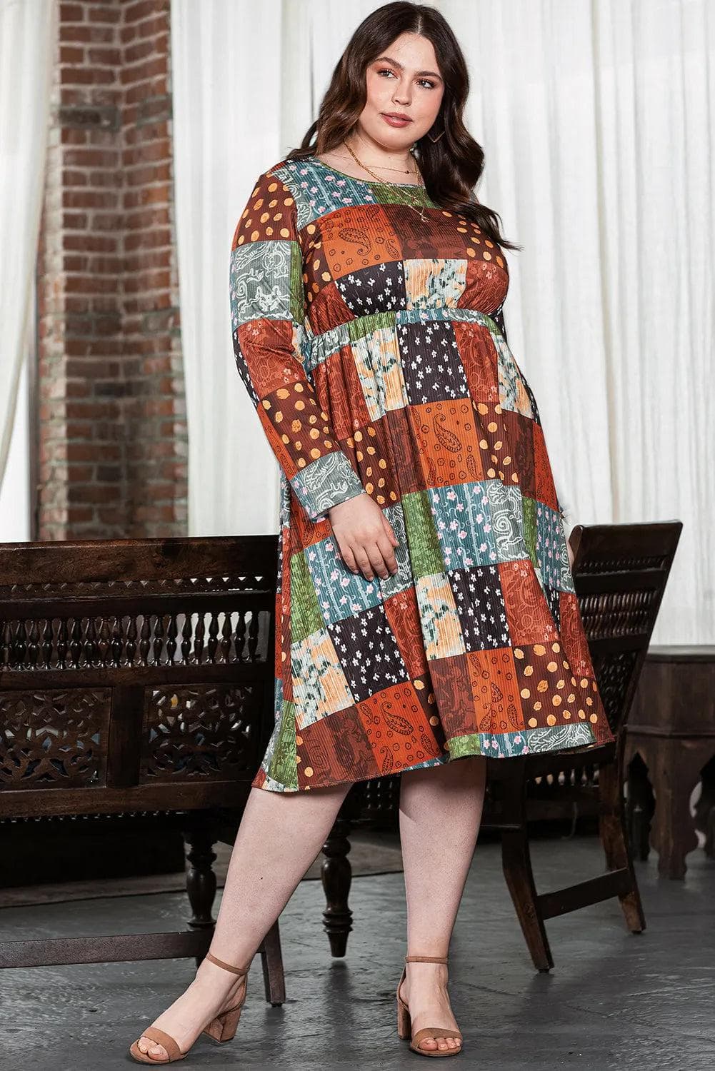 Plus Size/Plus Size Dresses/Plus Size Maxi Dresses Green Printed Multicolor Western Checkered Plus Size Swing Dress