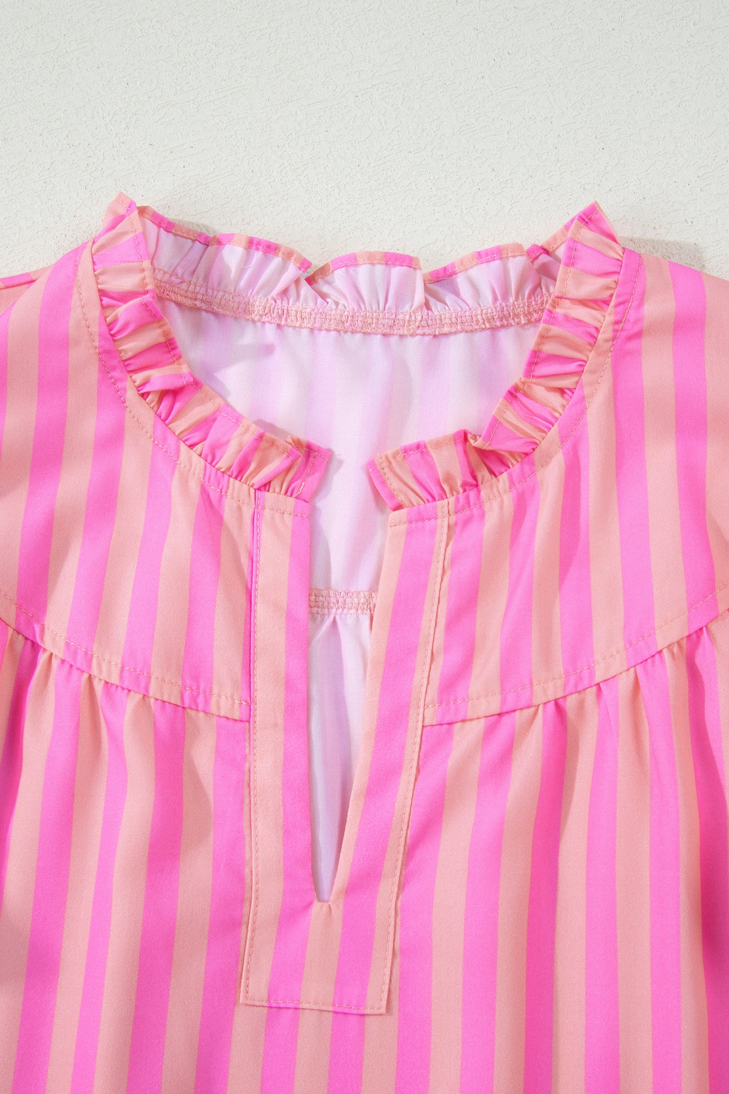 Pink Stripe Split Neck Ruffled Summer Blouse