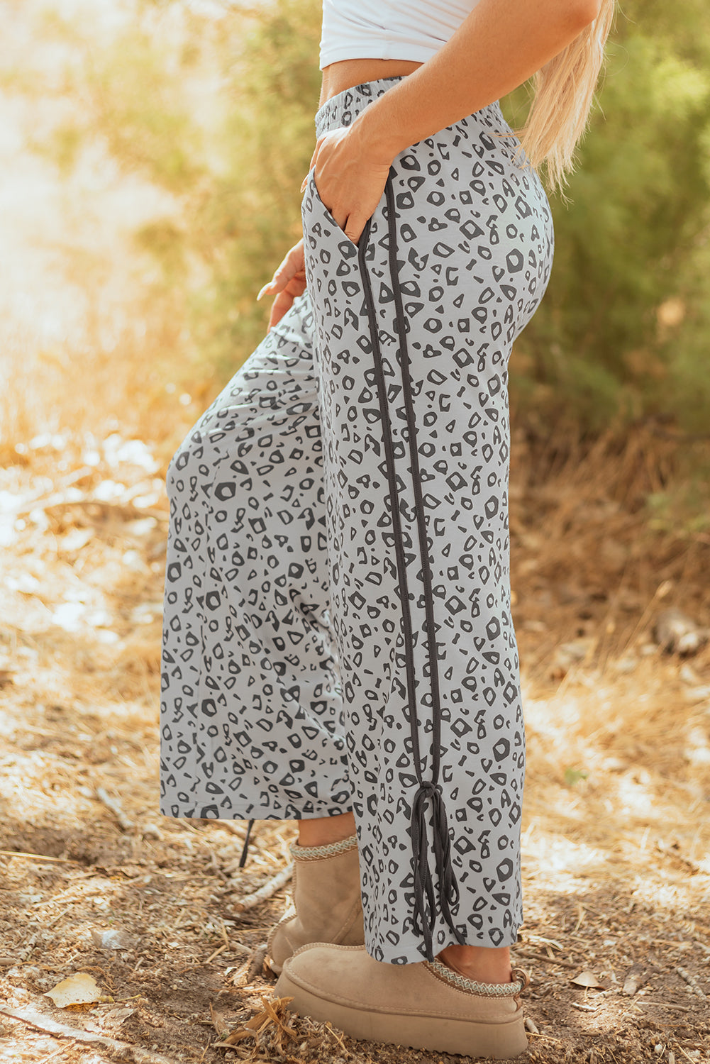 Khaki Leopard High Waist Side Bow Straight Leg