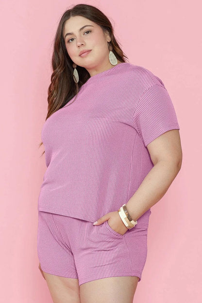 Plus Size/Plus Size Loungewear Phalaenopsis Ribbed Knit T Shirt and Shorts Plus Size Lounge Set