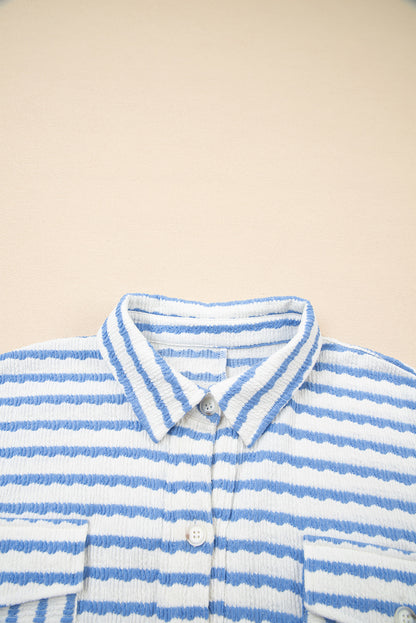 Sky Blue Stripe Half Button Collared Chest Pockets Loose Fit Blouse