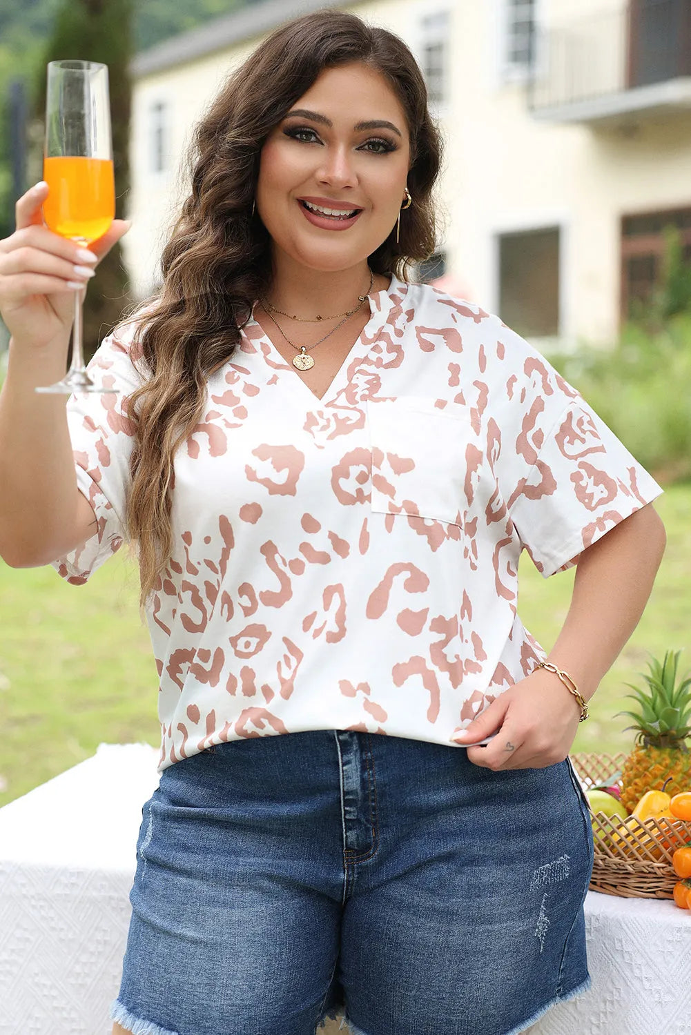 White Plus Size Leopard Print V Neck Short Sleeve Top - Chic Meadow Boutique 