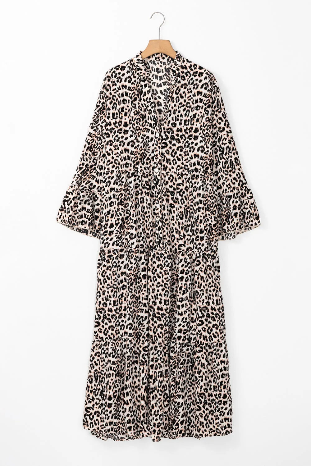 Apricot Leopard Print Tiered Wide Sleeve Maxi Dress - Chic Meadow Boutique 