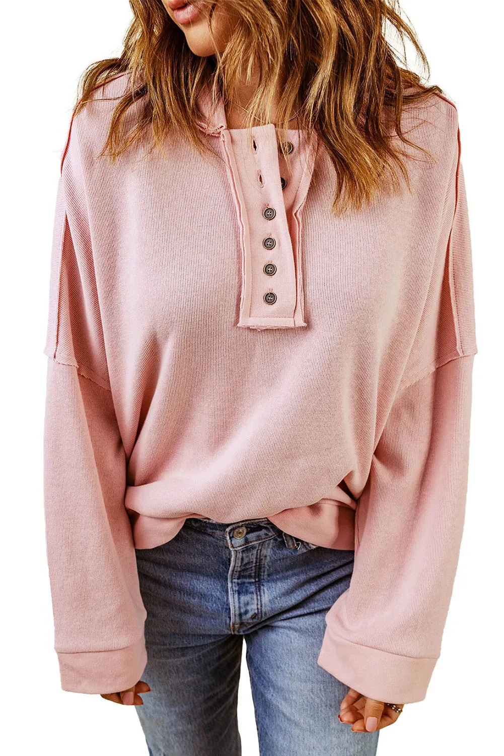 Pink Casual Button Solid Patchwork Trim Hoodie - Chic Meadow Boutique 