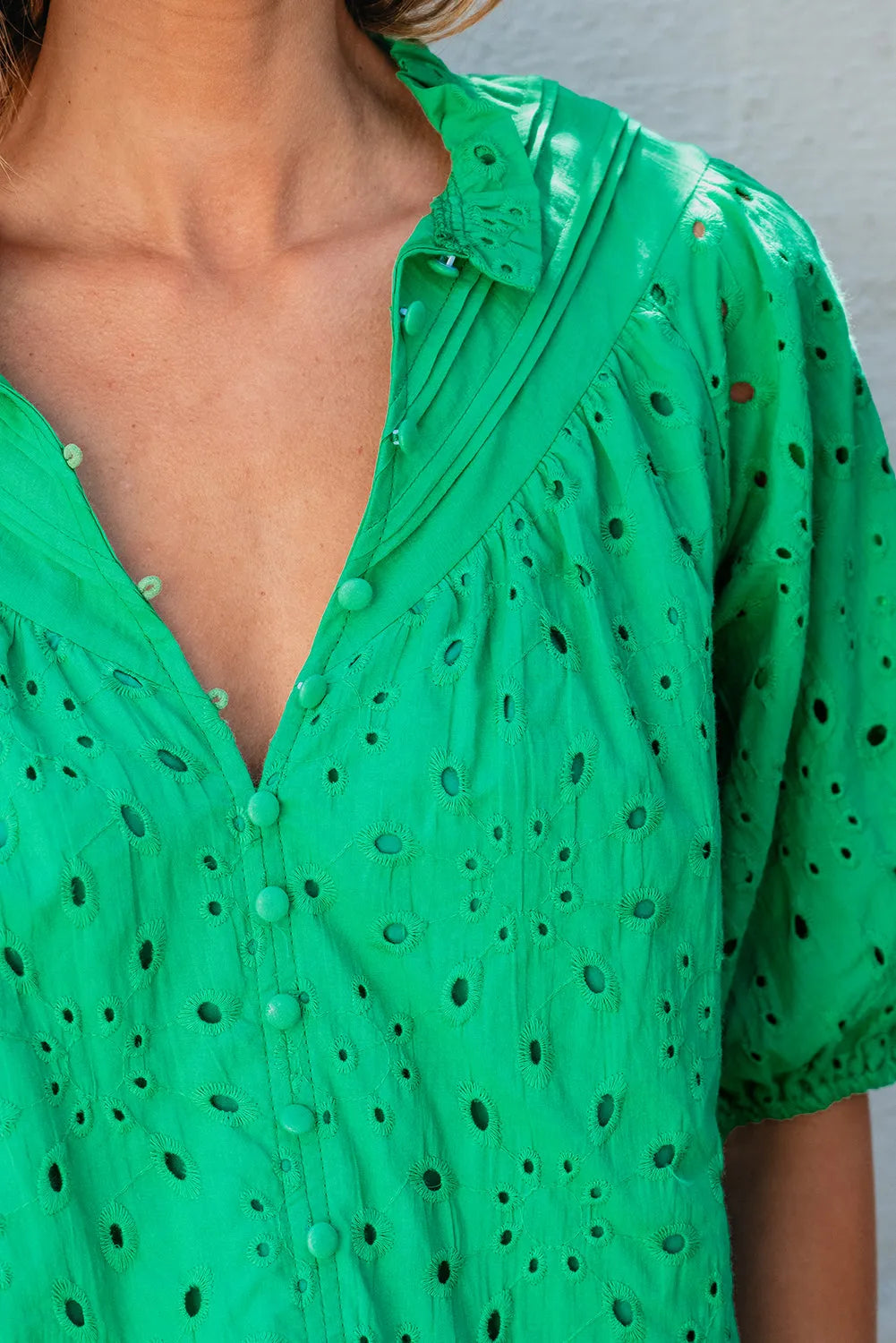 Green Flower Embroidered Hollow-out Puff Sleeve Blouse - Chic Meadow Boutique 