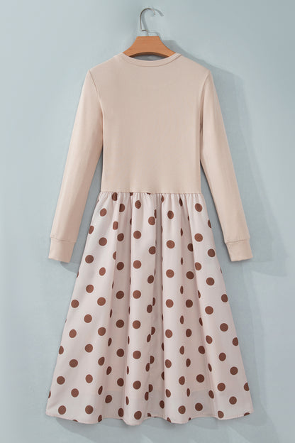 Beige Polka Dot Midi Long Sleeve Dress