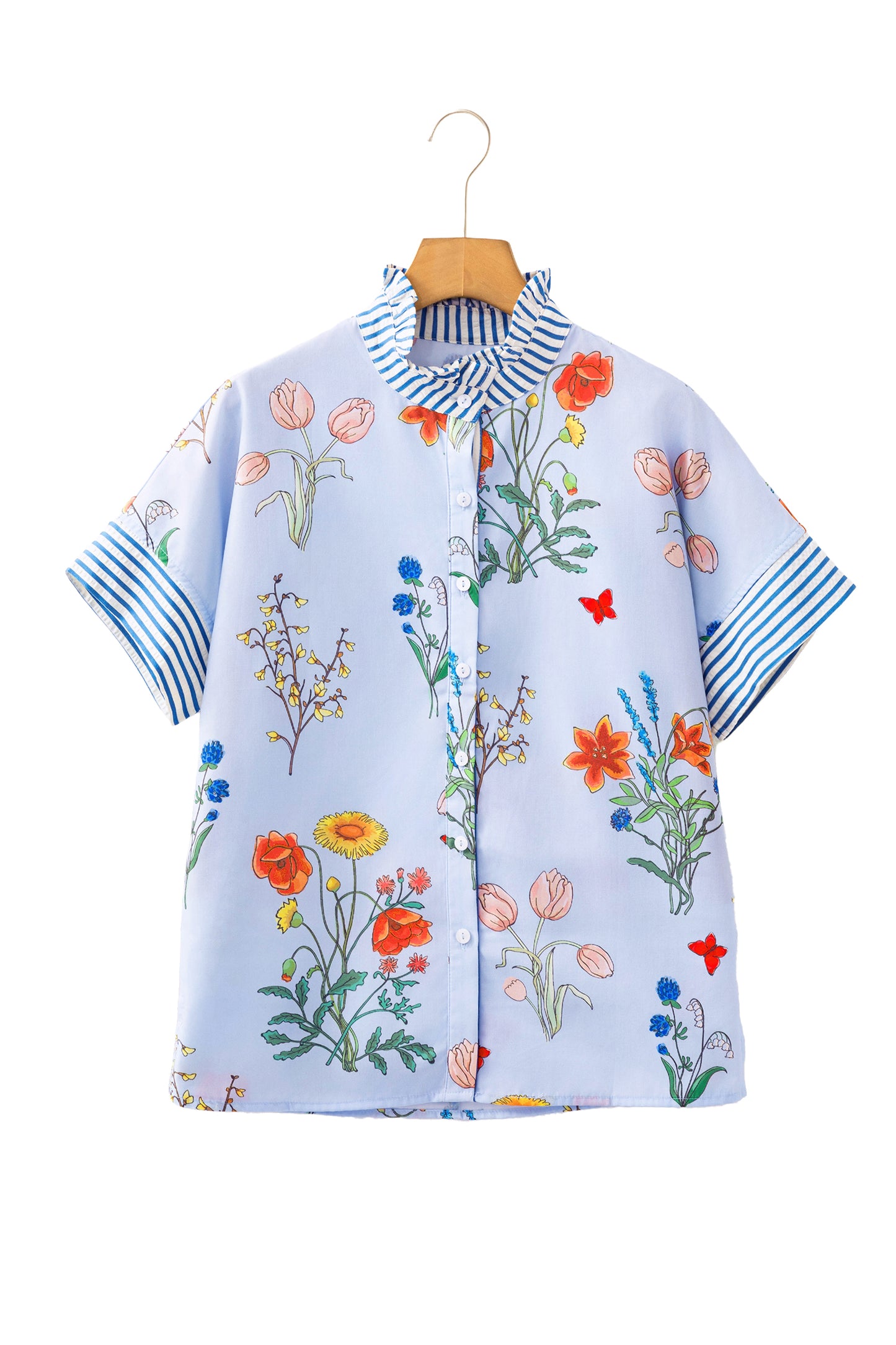Sky Blue Floral Striped Patchwork Ruffled Collar Short Sleeve Shirt