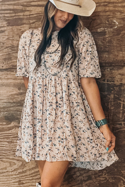 Beige Floral Puff Short Sleeve Empire Waist Mini Dress