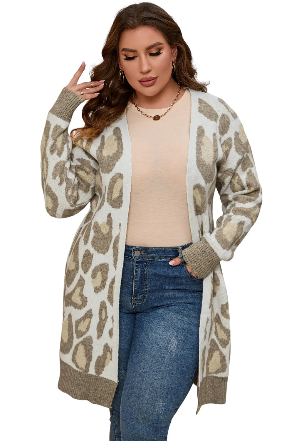 Beige Plus Size Leopard Pattern Cardigan - Chic Meadow Boutique 