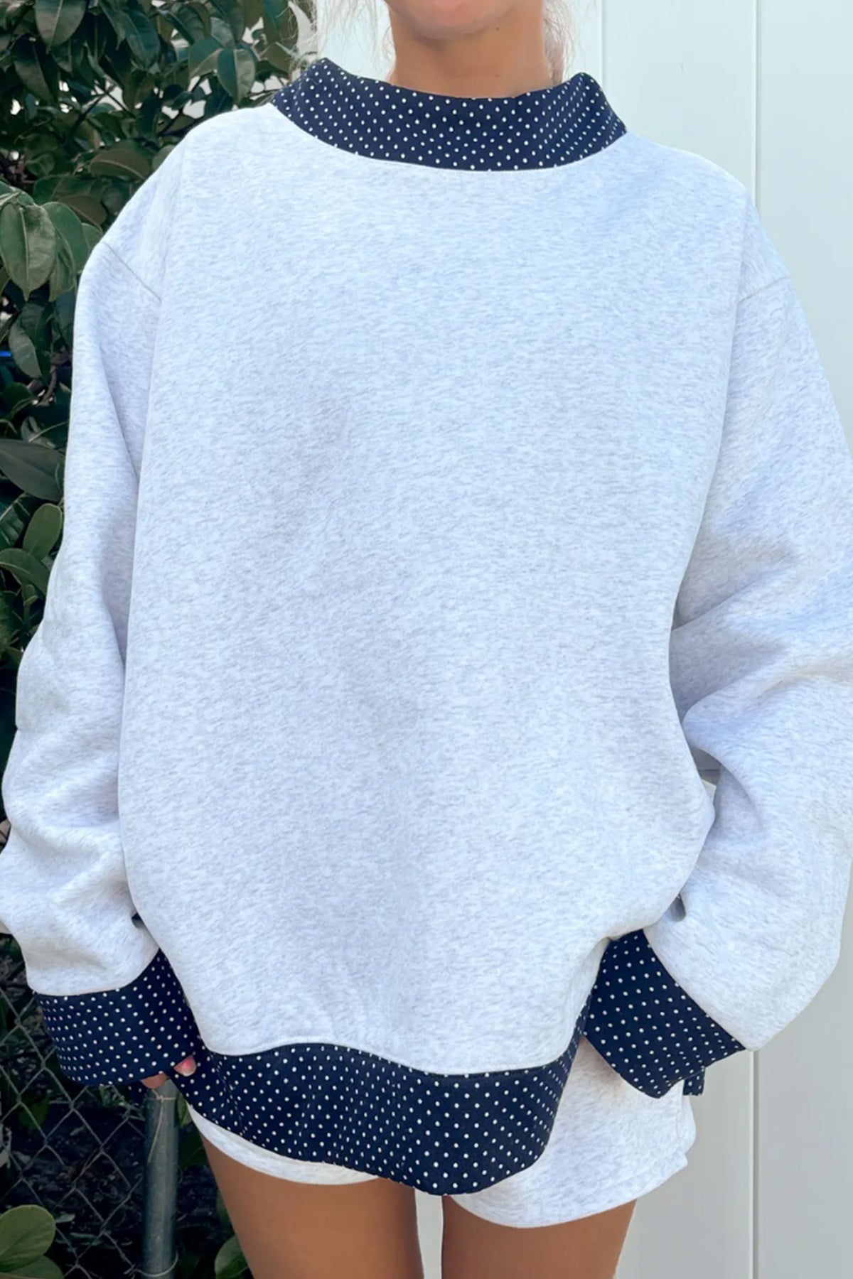 Gray Polka Dot Contrast Trim Sweatshirt