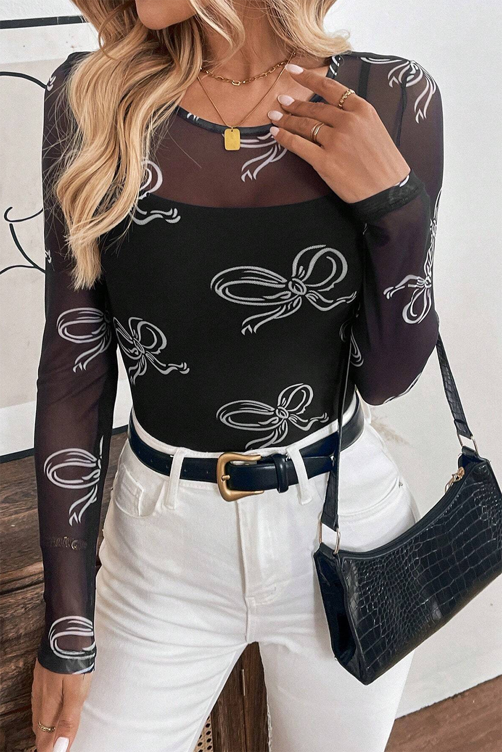 Black Round Neck Bow Print Long Sleeve Mesh Top