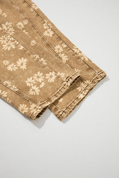 Khaki Floral Print Metal Button Pleated Straight Leg Jeans