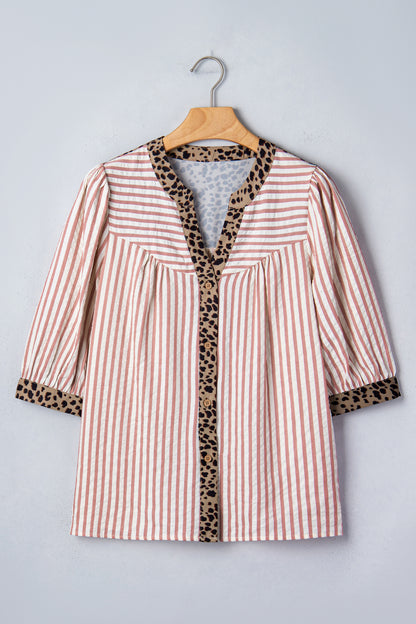 Pink Stripe Leopard Trim V Neck Button Down Half Sleeve Shirt
