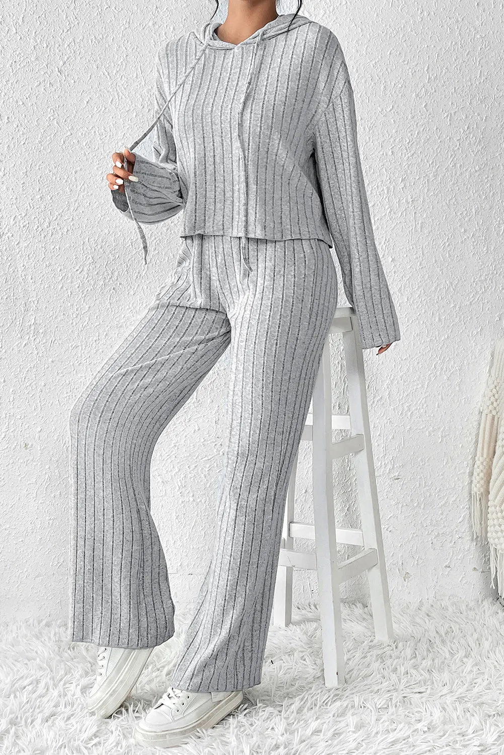 Gray Ribbed Knit Slouchy Hoodie Wide Leg Pants Set - Chic Meadow Boutique 