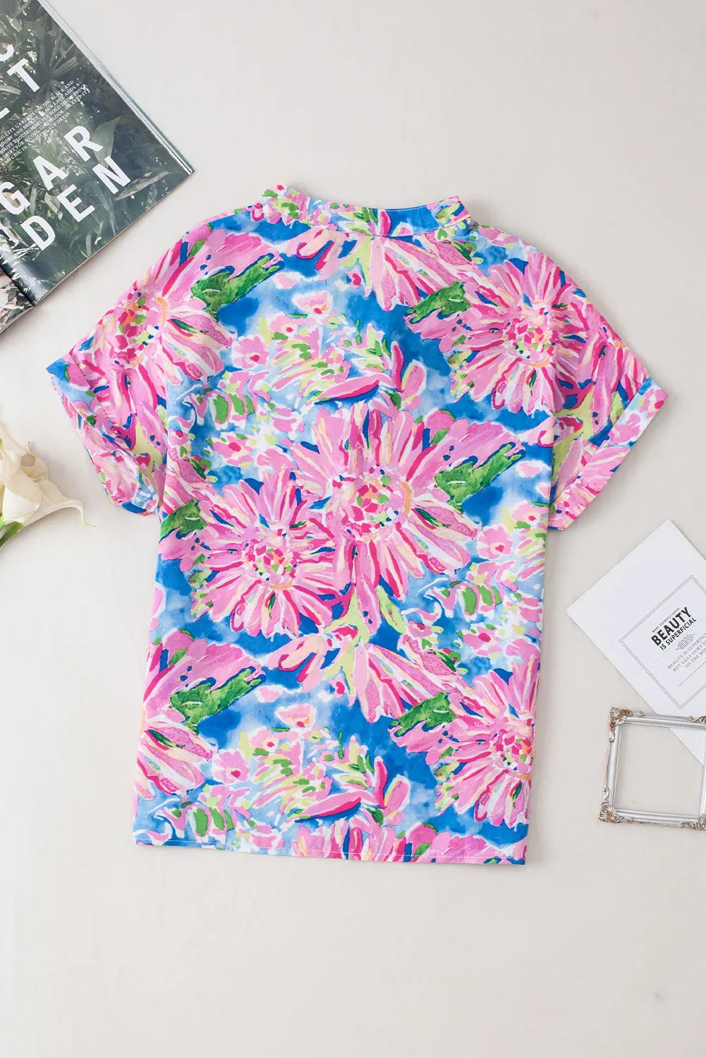 Pink Abstract Floral Print Notch V Neck Rolled Short Sleeve Blouse - Chic Meadow Boutique 