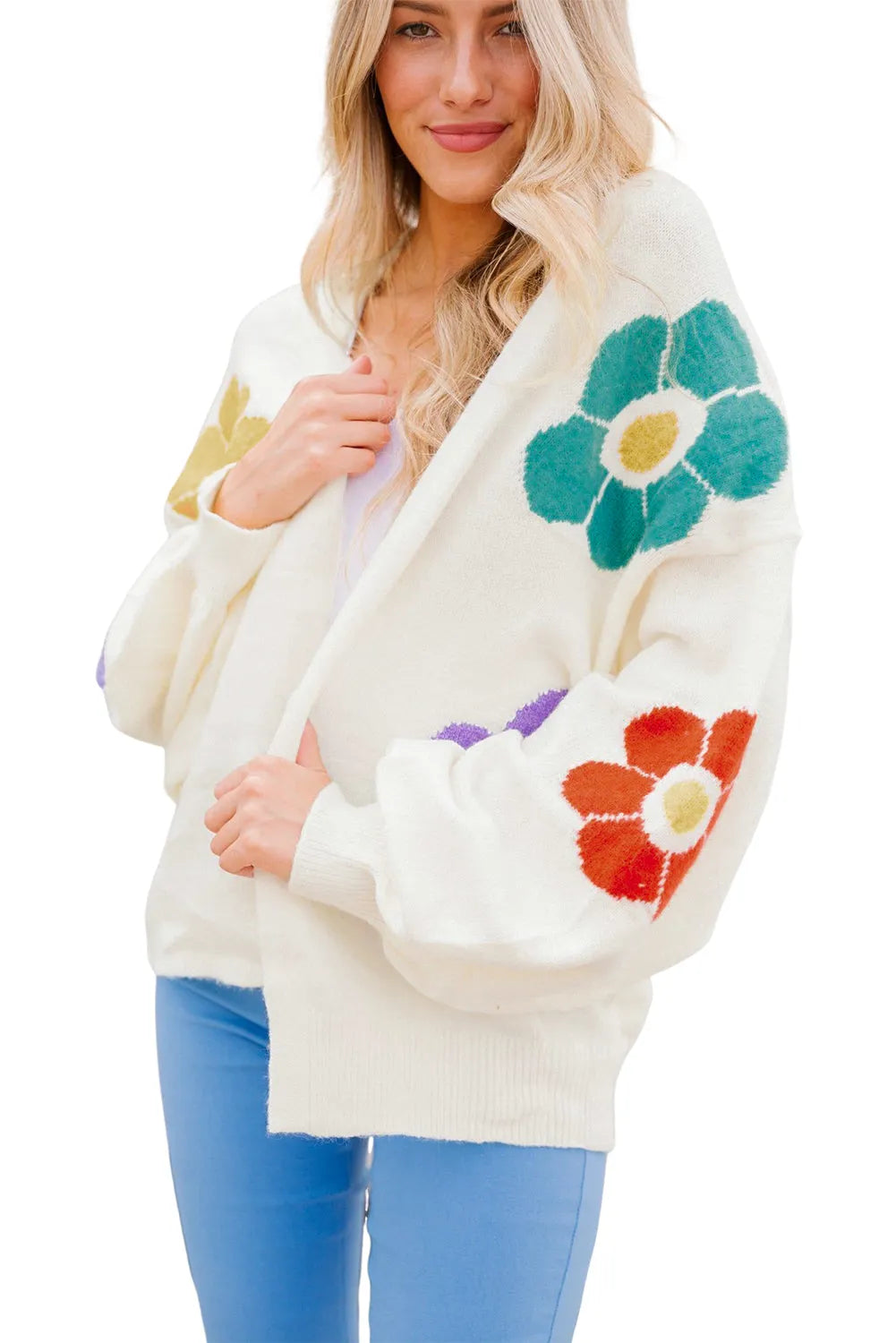 White Flower Jacquared Bubble Sleeve Open Cardigan - Chic Meadow Boutique 