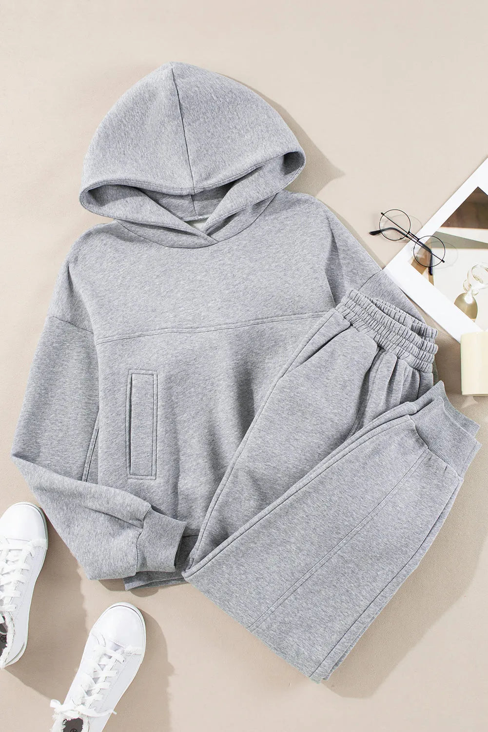 Gray Solid Exposed Seams Hoodie and Joggers Activewear Set - Chic Meadow Boutique 