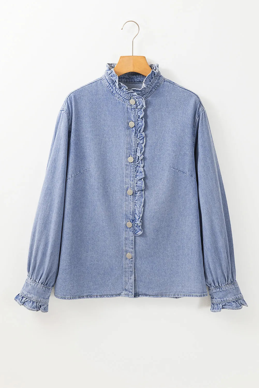 Beau Blue Ruffled Long Sleeve Buttoned Denim Shirt - Chic Meadow Boutique 