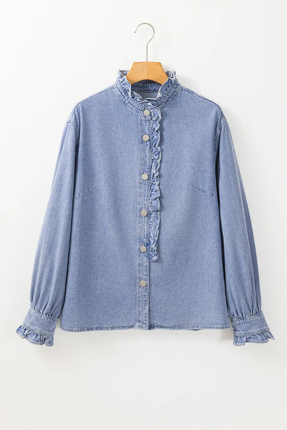 Beau Blue Ruffled Long Sleeve Buttoned Denim Shirt - Chic Meadow Boutique 