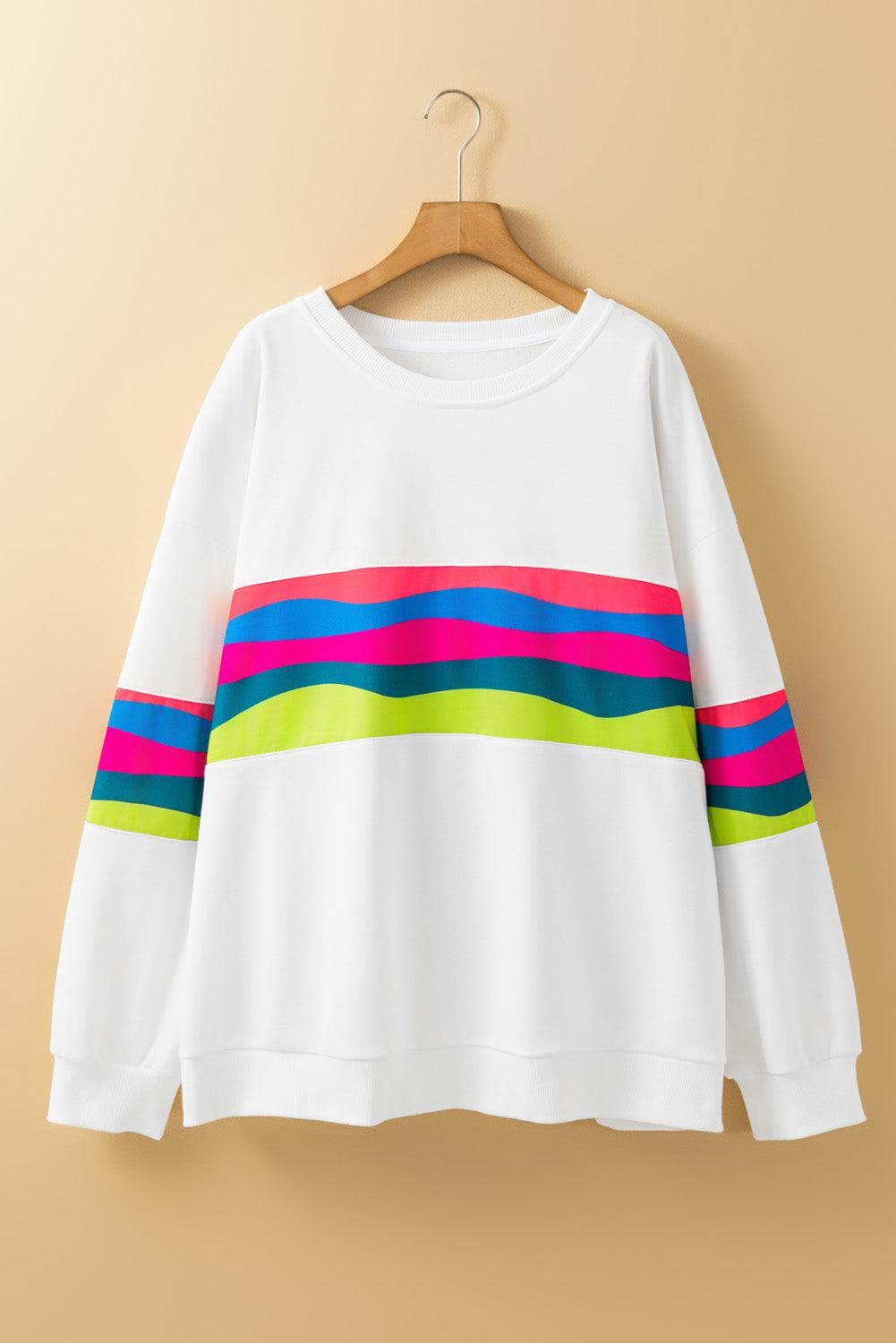 Plus Size/Plus Size Sweatshirts & Hoodies White Plus Size Colorful Striped Drop Shoulder Loose Sweatshirt