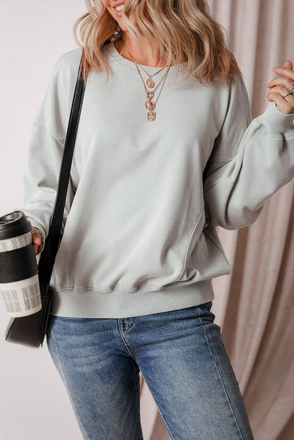 Gray Exposed Seam Batwing Sleeve Drop Shoulder Sweatshirt - Chic Meadow Boutique 